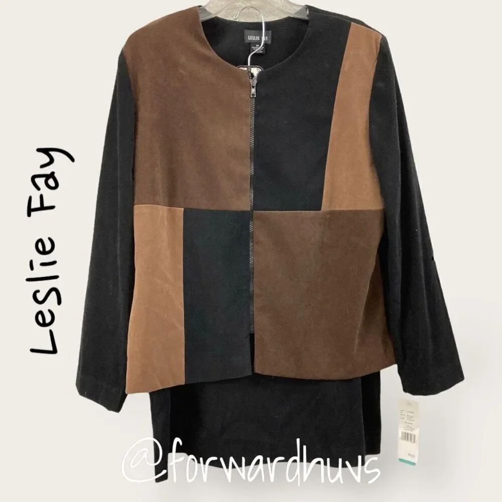 Vintage Leslie Fay Block Cognac / Black Long Sleeve Zip & Skirt Set Size 16